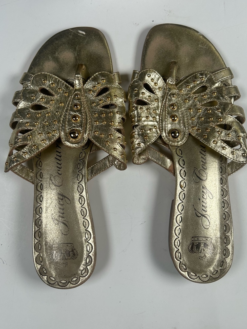 Juicy Couture y2k fariy Women's Metallic Gold Butterfly Slide Sandals - Picture 9 of 9
